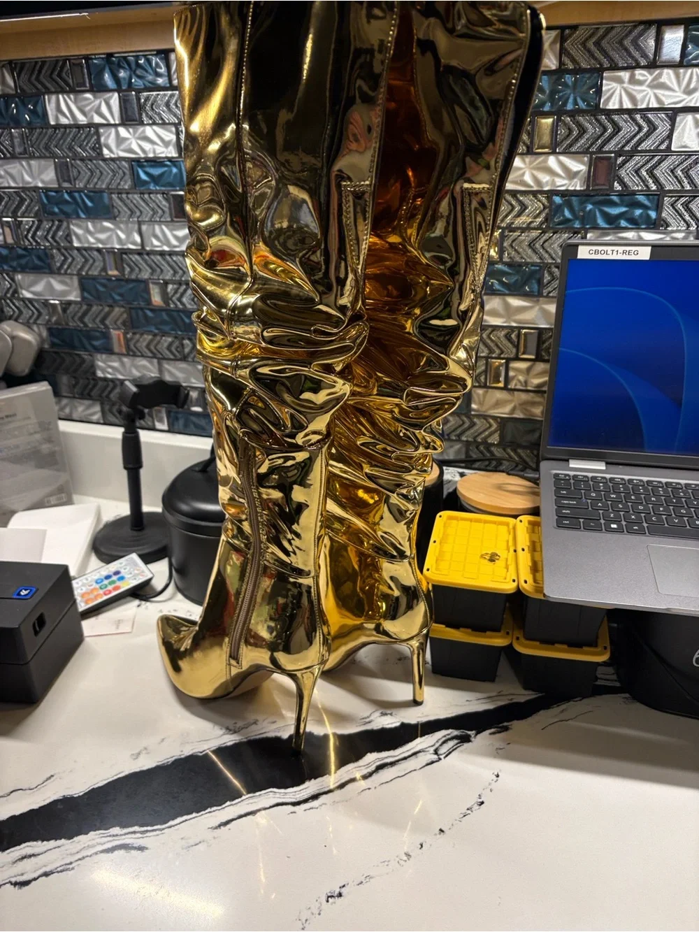 INC International Concepts Shiny Gold Over-the-Knee Ruched Stiletto Boots